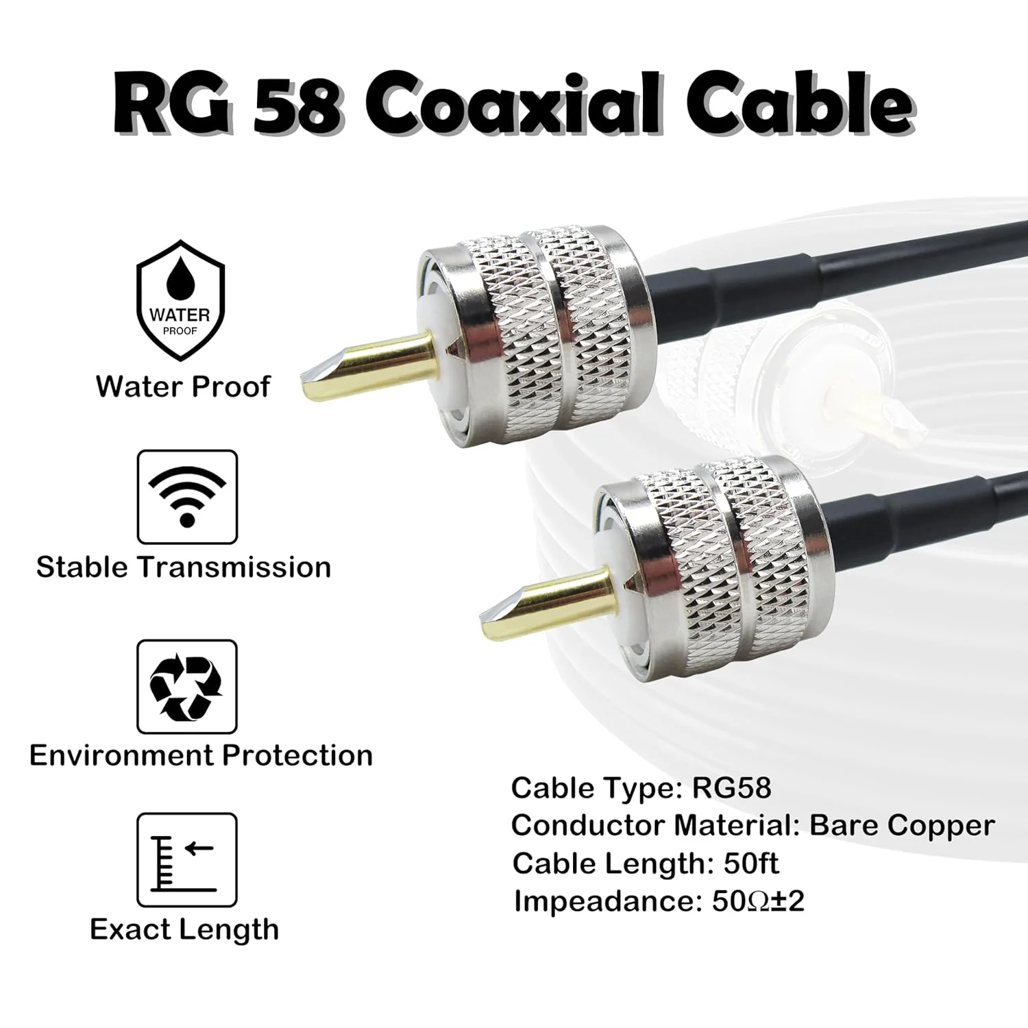 RG58 Coaxial Cable CB Coax Cable, UHF PL259 Male to Male Cable 50 Ohm Coax Low Loss for HF VHF CB Radio, Ham Radio, SWR Meter,