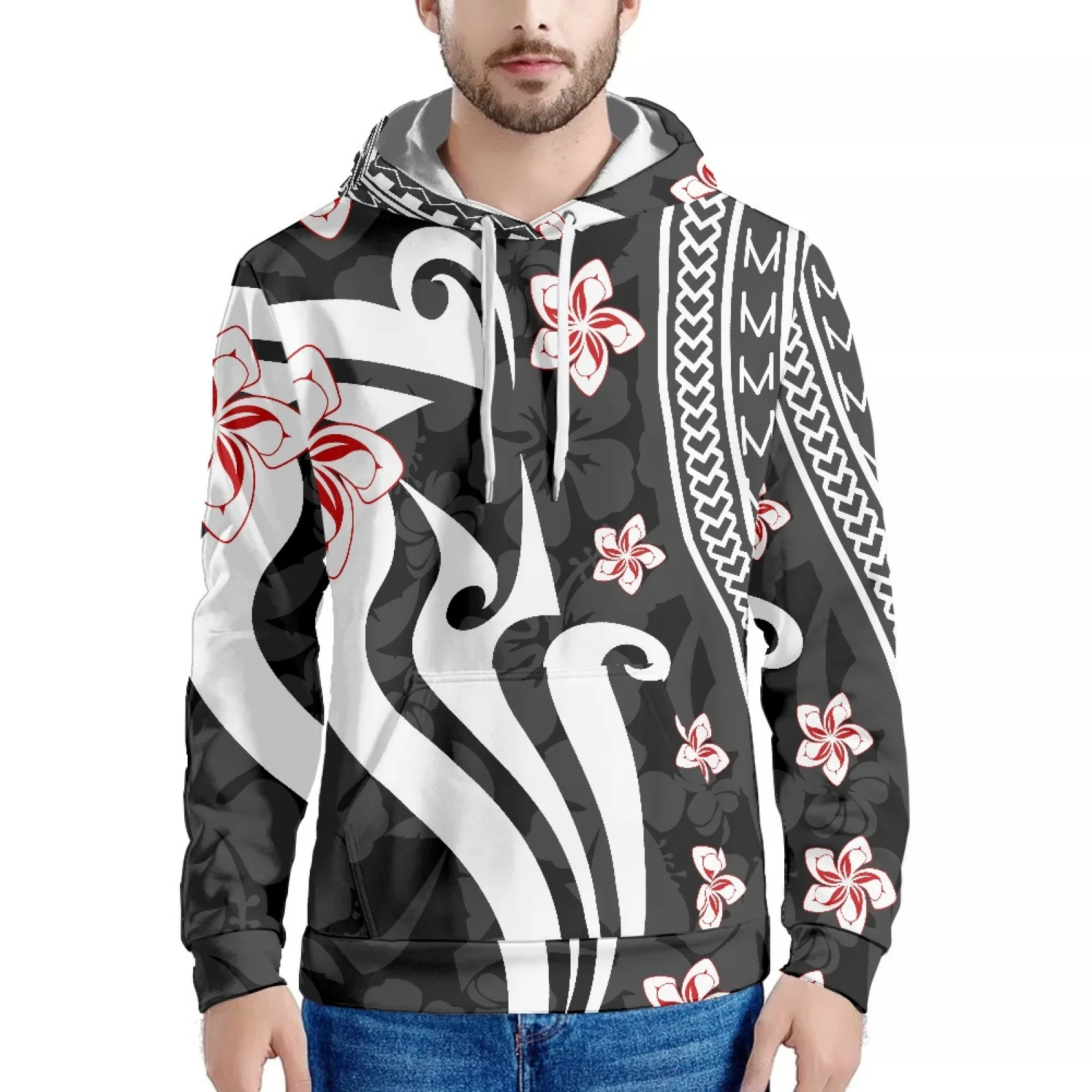 Cherry Blossom Polynesian Tribe Tattoo Print Tattoo Hawaiian Samoa-Style Sweatshirt Long Sleeve Men's Hoodie Warm Autumn