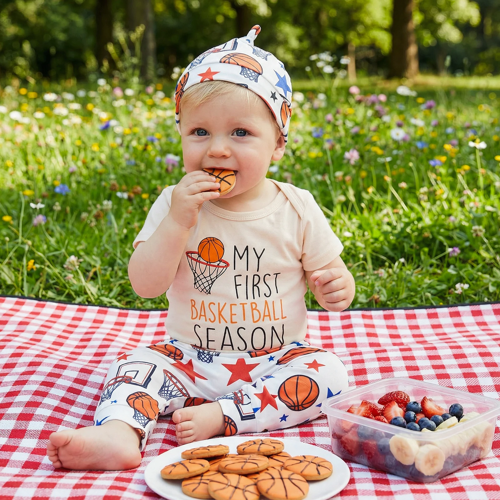 

Наряд для маленьких мальчиков, комбинезон с короткими рукавами и буквенным принтом, баскетбольные штаны, шапка, одежда для младенцев