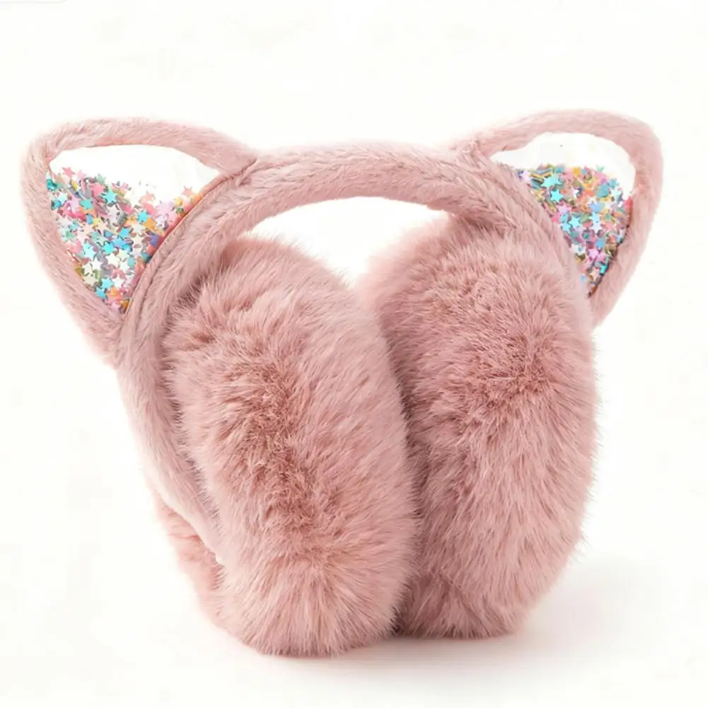أغطية أذن لامعة على شكل قطة - لتدفئة الأذن من القطيفة على طراز K مع لامع للنساء والفتيات، أزياء شتوية لطيفة