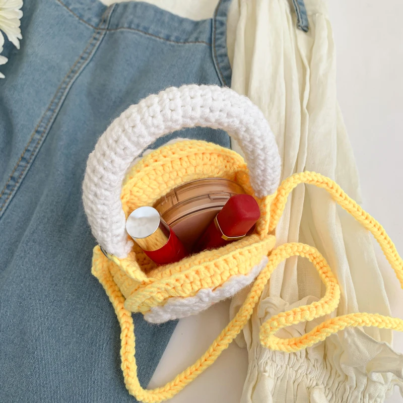 Cute Round Bag Casual Mini Phone Crossbody Bag For Lady Girl Woolen Crochet Knitting Bag Women Handmade Woven Sling Shoulder Bag