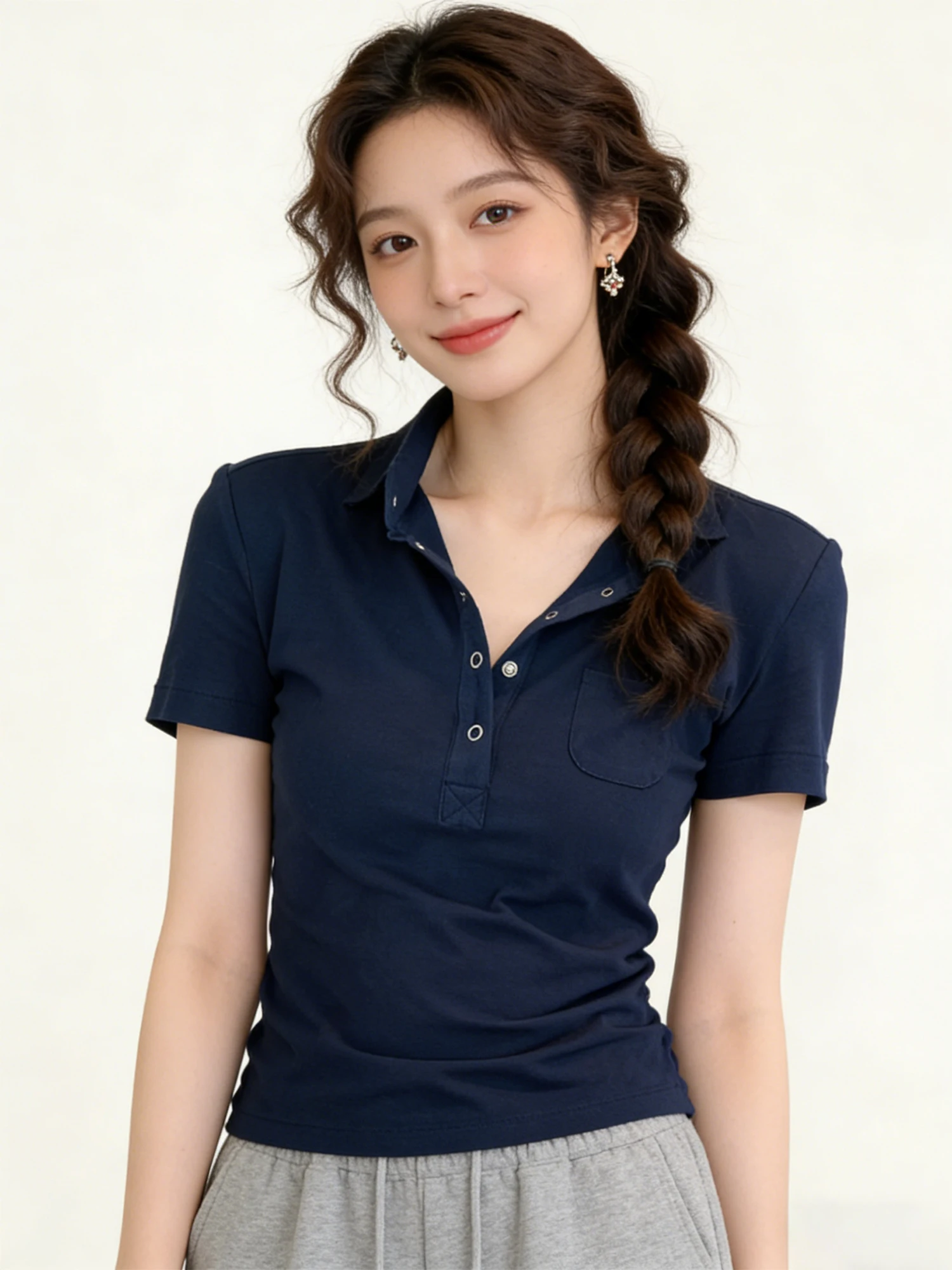 Elegant White Short Sleeve  Neck T-Shirt Women's Summer Lightweight Luxury Feel Top Cotton Blend Breathable Sweat Absorbent