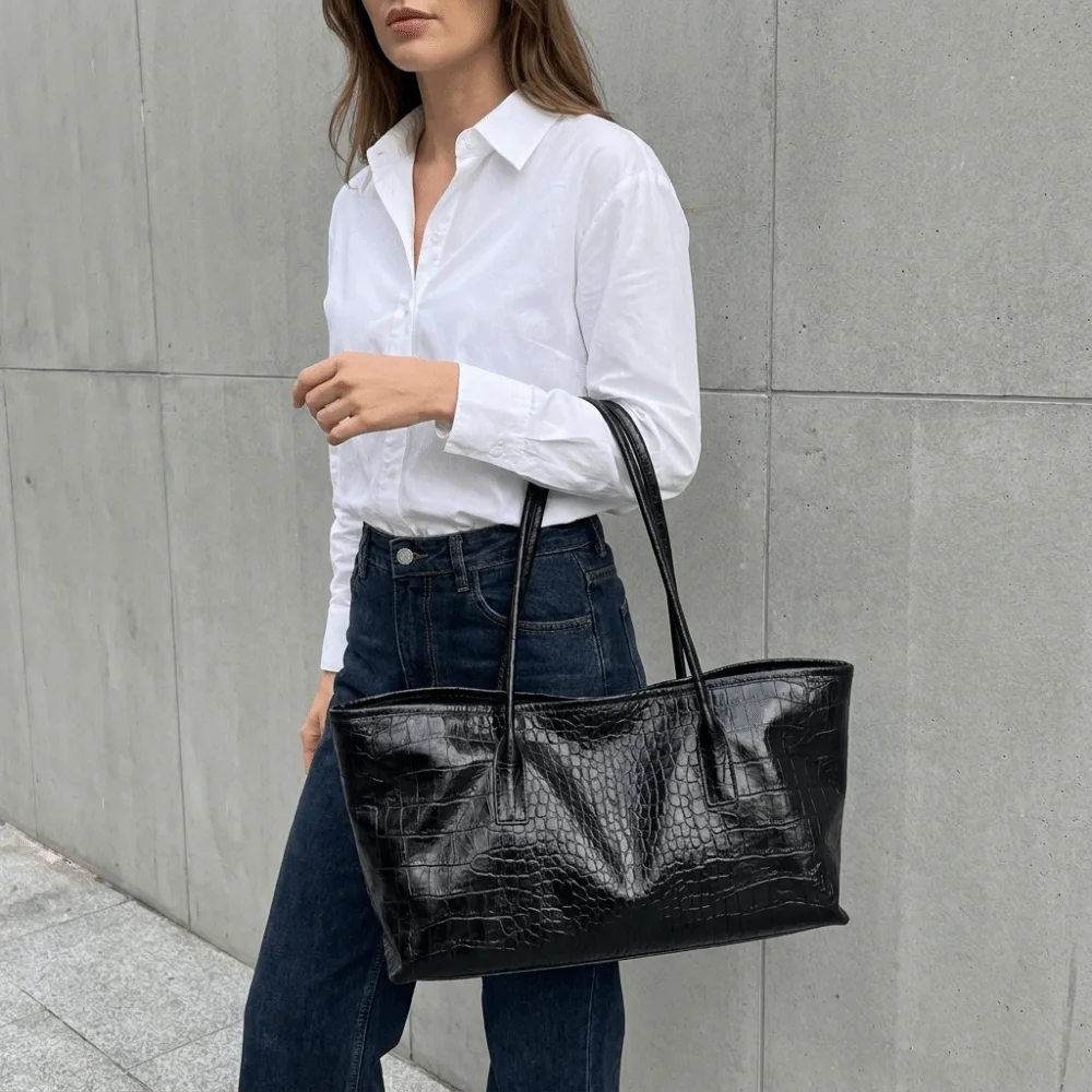 Magnetic Snap Fastener Random Crocodile Embossed Shoulder Bag Large Capacity Soft PU Leather Tote Bag Polyester Lining