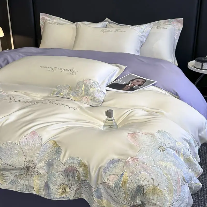 Premium long-staple cotton cotton four-piece set, flower pure cotton bed sheet embroidered mattress light luxury quilt cover