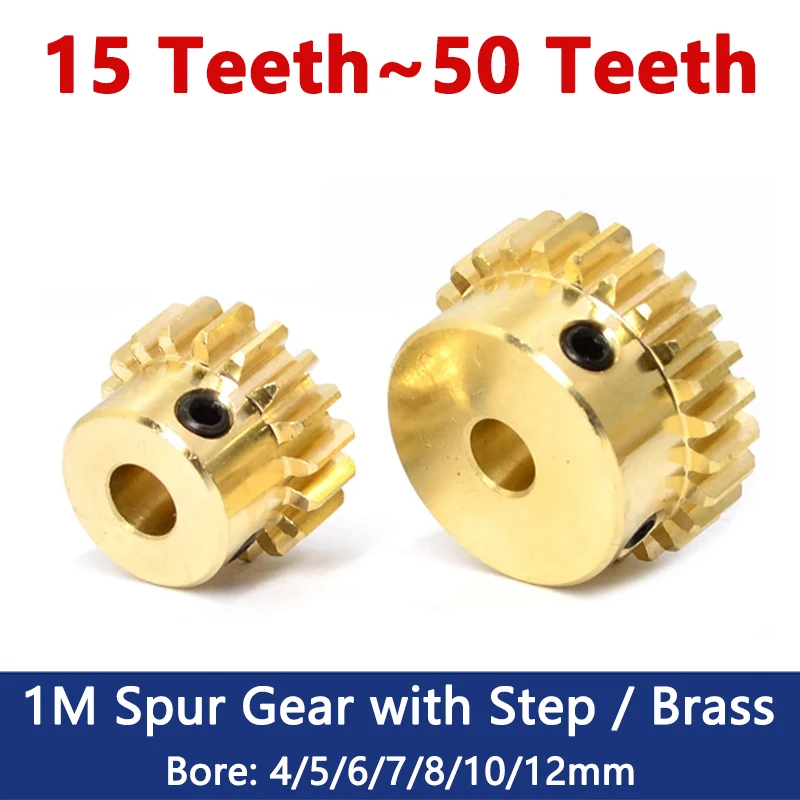 

1pc Brass Spur Gear 1M 15 16 18 20 22 24 25 28 30 40 50 Teeth 1 Module Motor Gear with Step Bore 4-12mm Straight Tooth Gear