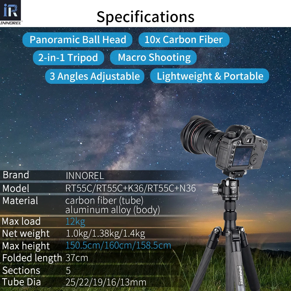 RT55C Professional 10 Layers Carbon Fiber Tripod video travel portable Monopod with ball head for DSLR camera Max Height 161cm