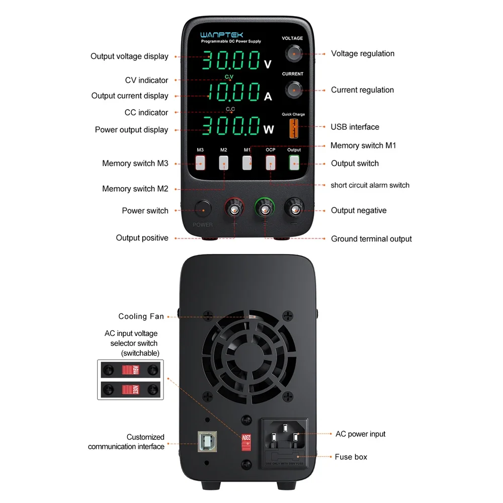 WANPTEK Lab DC Power Supply 30V 10A, Encoder Adjustment Adjustable Stabilized Power Source Switch, 60V 5A 120V 3A 160V 2A, PC Connect - Image 6