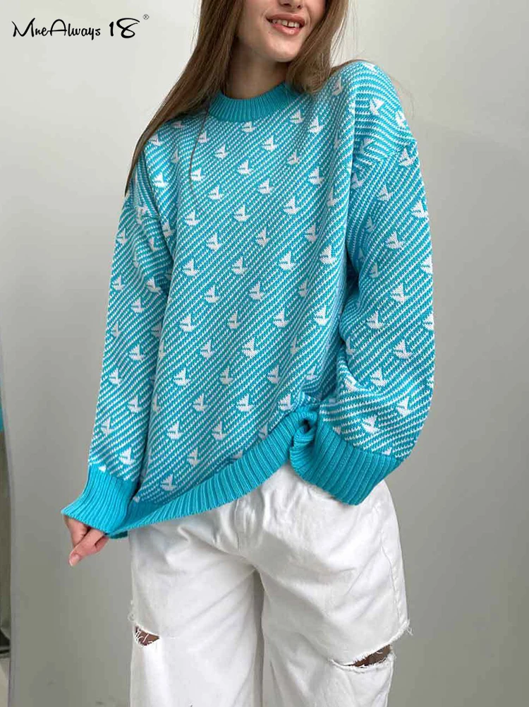 

Mnealways18 Fashion Women Printing All-Match Sweater Autumn Winter 2024 Causal O-Neck Knitting Pullover Tops Office Ladies Kint