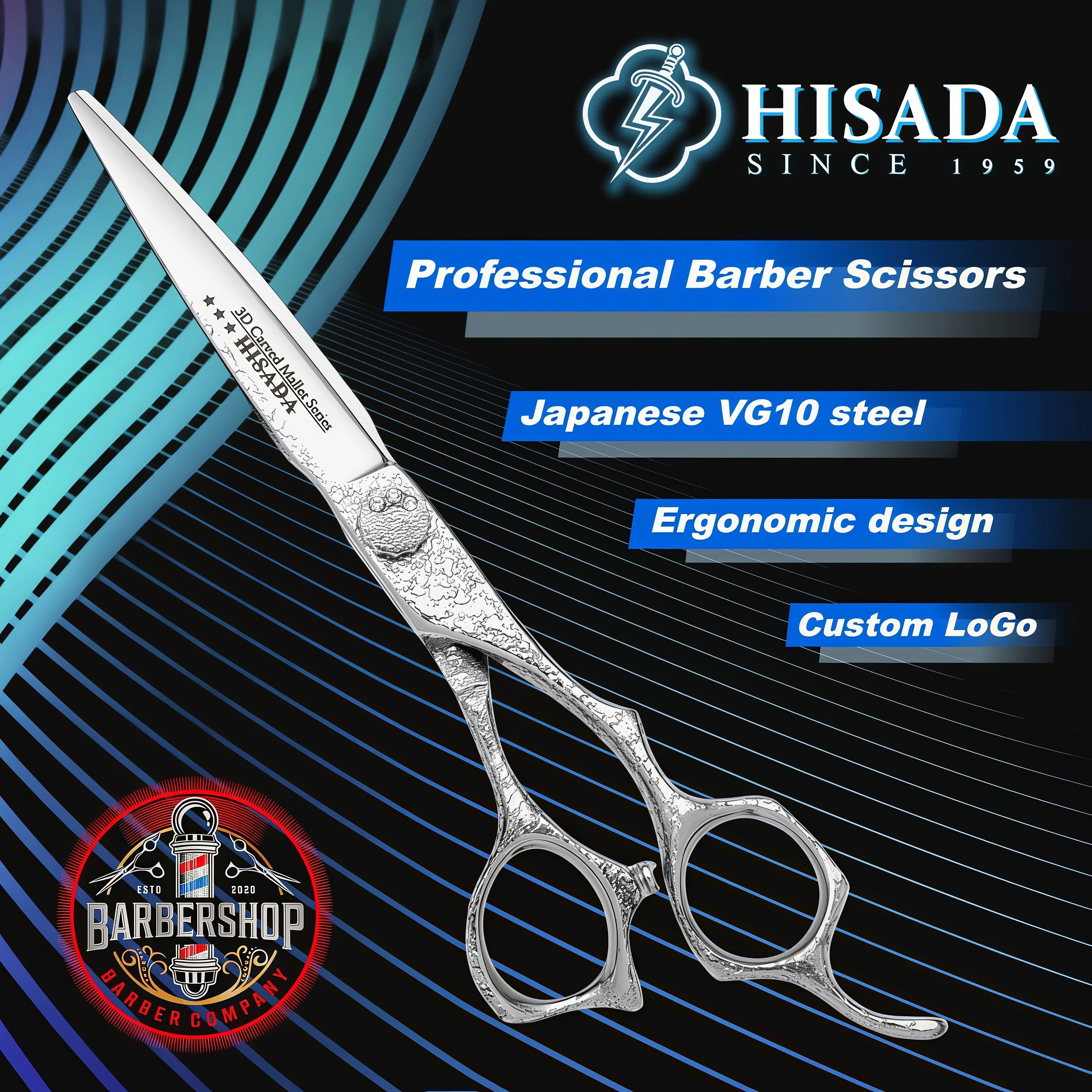 HISADA Hair Cutting Scissors,Japanese handmade VG10 steel hair scissors 6.3 inchConcave and convex design barber scissors