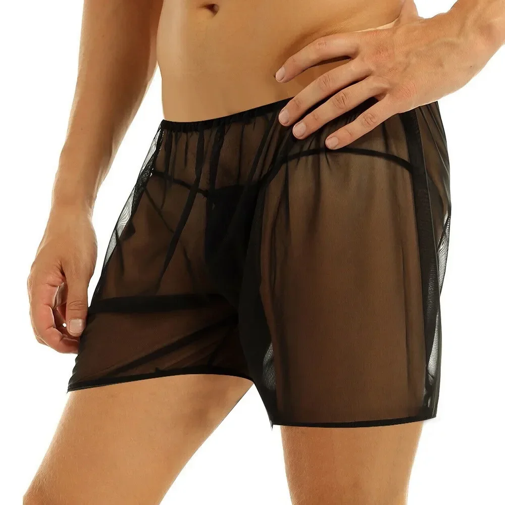 Men Mesh Trunk Briefs Shorts Thong Loose Pants Sheer Nightwear Sportswear See Through Semi-transparent Underwear Boy Pants