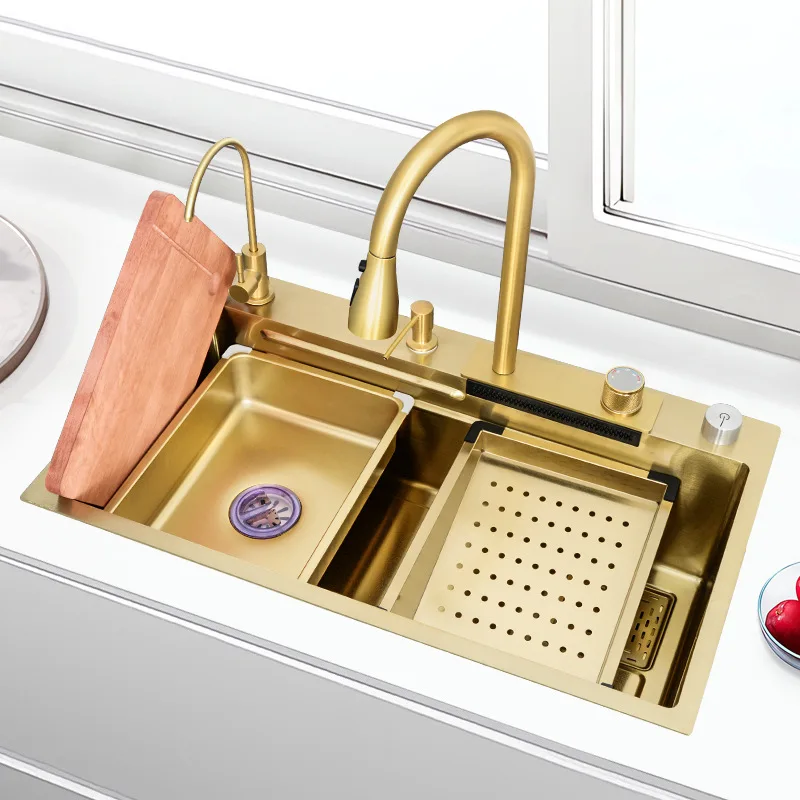 Modern Multi-Functional Kitchen Sink with Faucet 304 Stainless Steel Single Bowl Square Shape Waterfall Utility Design