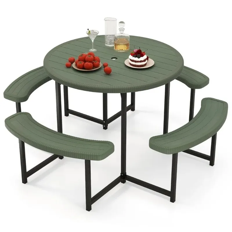 Picnic Table and Chair Set for 4-8 People, 37-inch Round Outdoor Table with Umbrella Holes