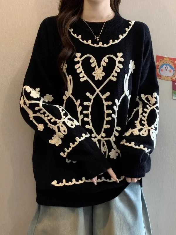 

Вязаный свитер Ele для осени и зимы, большие размеры, женский, модный, стройнящий, скрывающий живот, с вышивкой в виде сердца, молодежный стиль