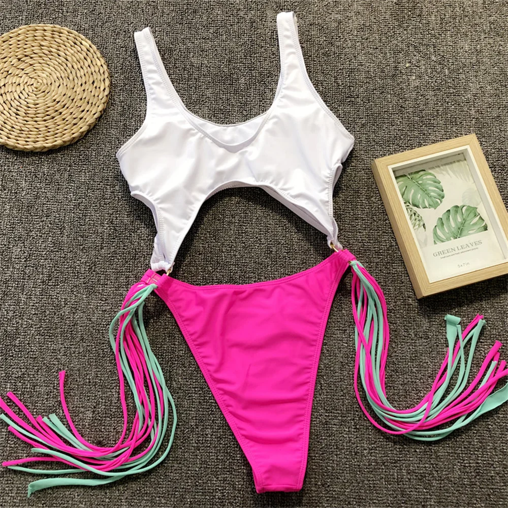 Patchwork Fringe Bikini Cut Out Rings Monokini One-Piece Swimsuit Women Beach Bathing Suit Luxury Bikinis Y2K Vacation Swimwears