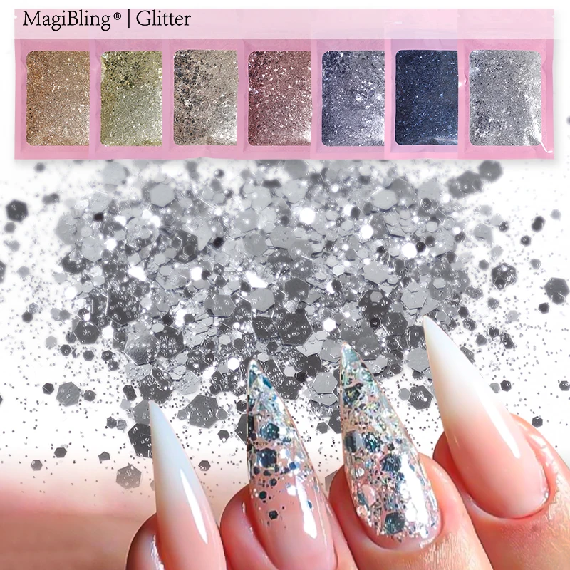 1 oz/Bag Nail art Pailletten Glitter Pulver Gemischt Größe Metallic Farbe Silber Gold Sparkly Chunky Gel Polnischen Maniküre DIY Dekorationen