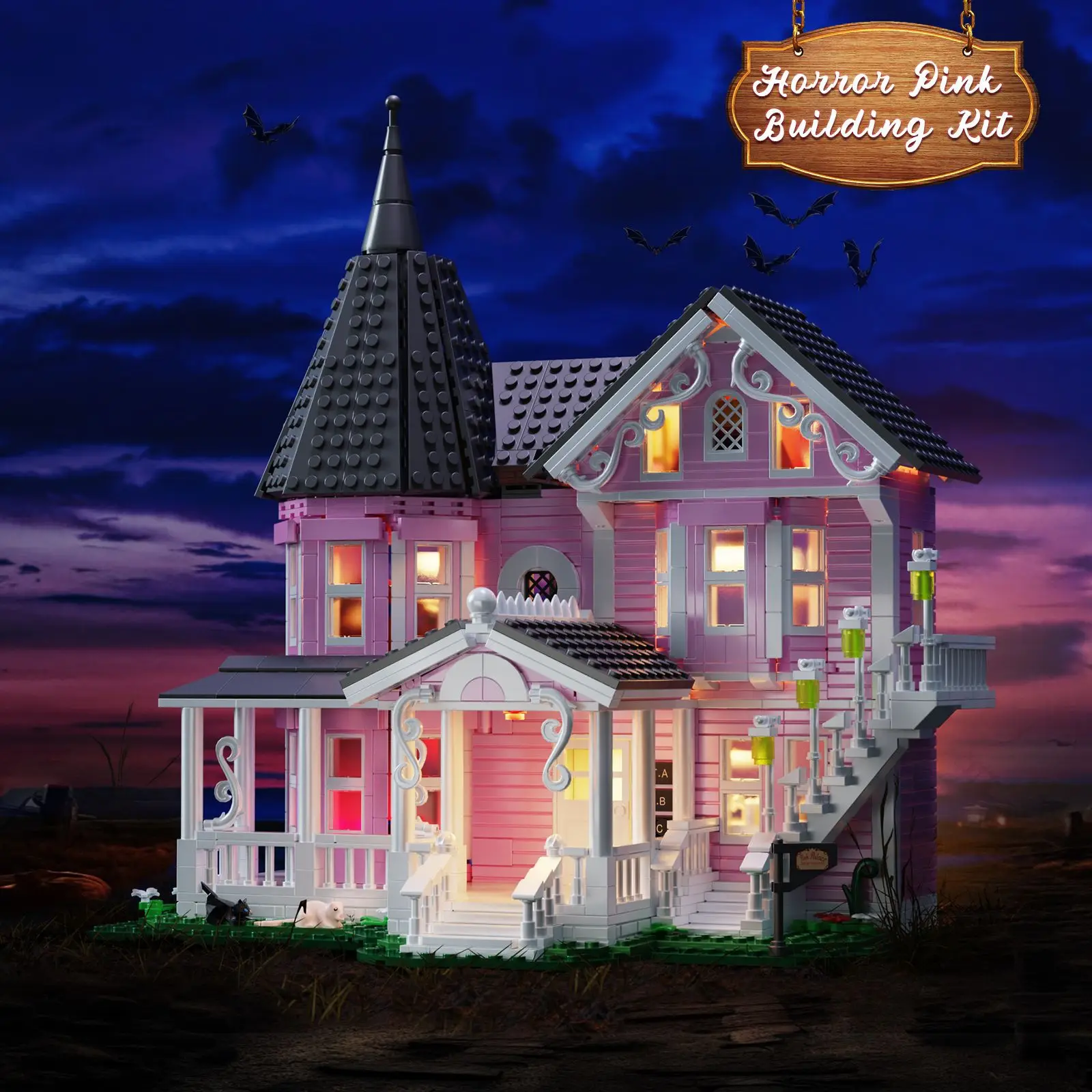 Ideen Coralines Pink Palace Black Cat Baustein-Set Modell Wohnung Filmarchitektur Spielzeug für Jungen und Mädchen Weihnachtsgeschenk