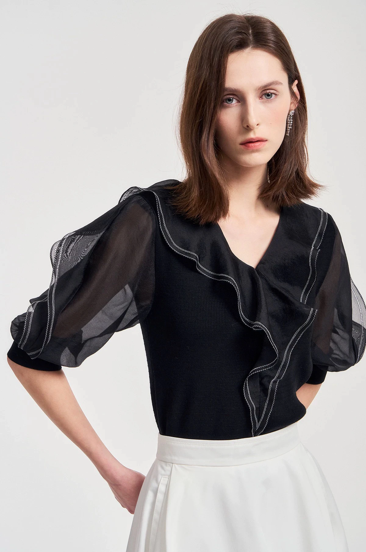 

Ele V-Ne Ruffle Hem Elastic Knitted ort Sve Top Slimming Versatile Korean Single OBZ*25 Summer irt