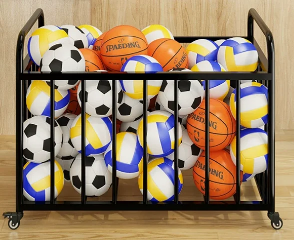 Mobile Storage Frame with Pushing Cart Basketball Rack and Storage Basket for Balls Storage