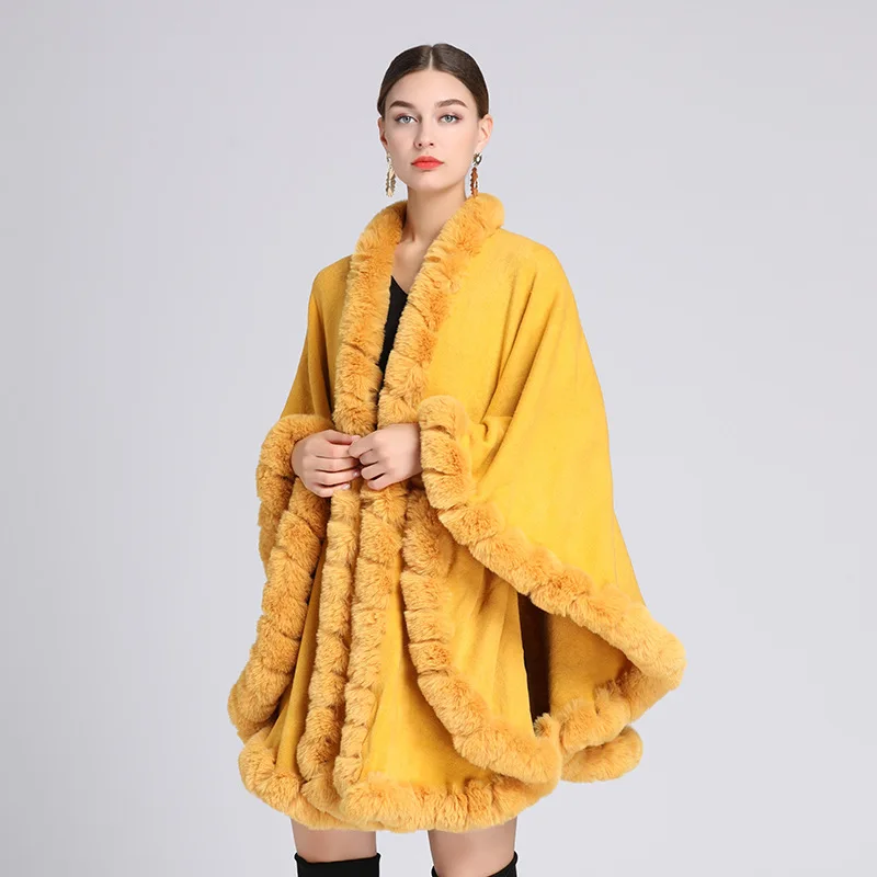 

Winter Warm Thick Big Pendulum Out Streetwear Loose Long Cloak Knitted Poncho Coat Women String Faux Fur Collar Cape E2014