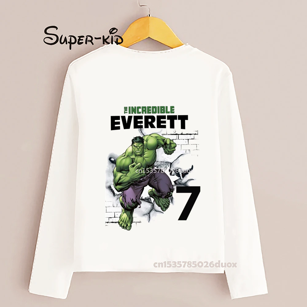 Boy 3 4 5 6 7 8 Years The Hulk Customized Name Birthday Long Sleeve T-shirt Kid MARVEL The Hulk Birthday Fashion Bottoming Shirt