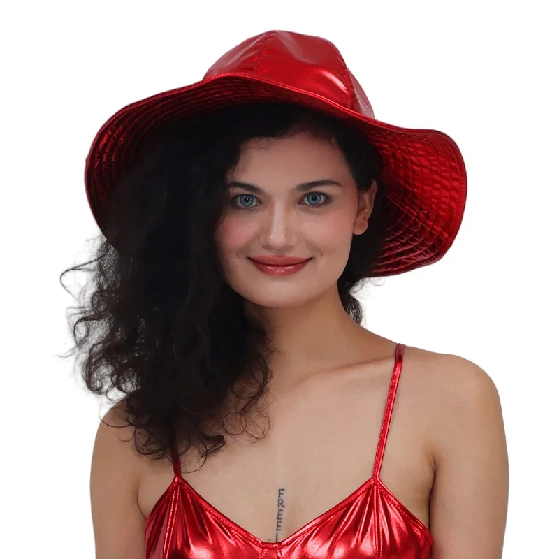 Kapelusz typu bucket hat z szerokim rondem, metaliczny, błyszczący, dwukomorowy, w stylu hip-hopowym, jednolity kolor, uniwersalny, model 2025.