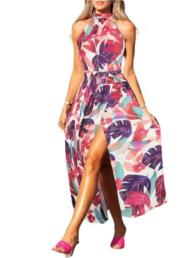 Dress Spring and Summer Women's High-Grade Romantic Holiday Printed Halter Split Long Dress Spring Women's Mid-Length