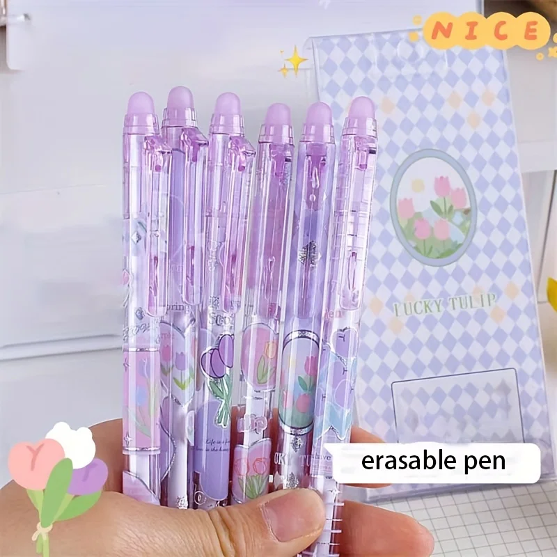 6pcs Purple Tulip Erasable Gel Pens Kawaii Gel Pens With Erasers Korean Stationery Students Girl Gift School Office Supplies