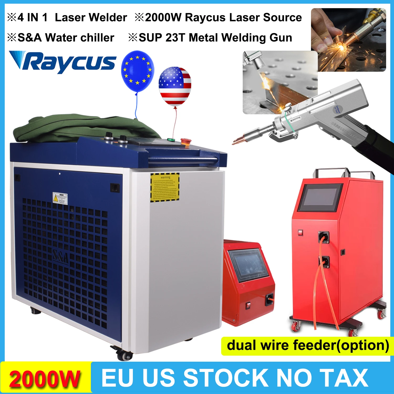 휴대용 레이커스 2000W 레이저 용접기 4 IN1 파이버 레이저 2KW 금속 용접 청소 절단 듀얼 와이어 피더
