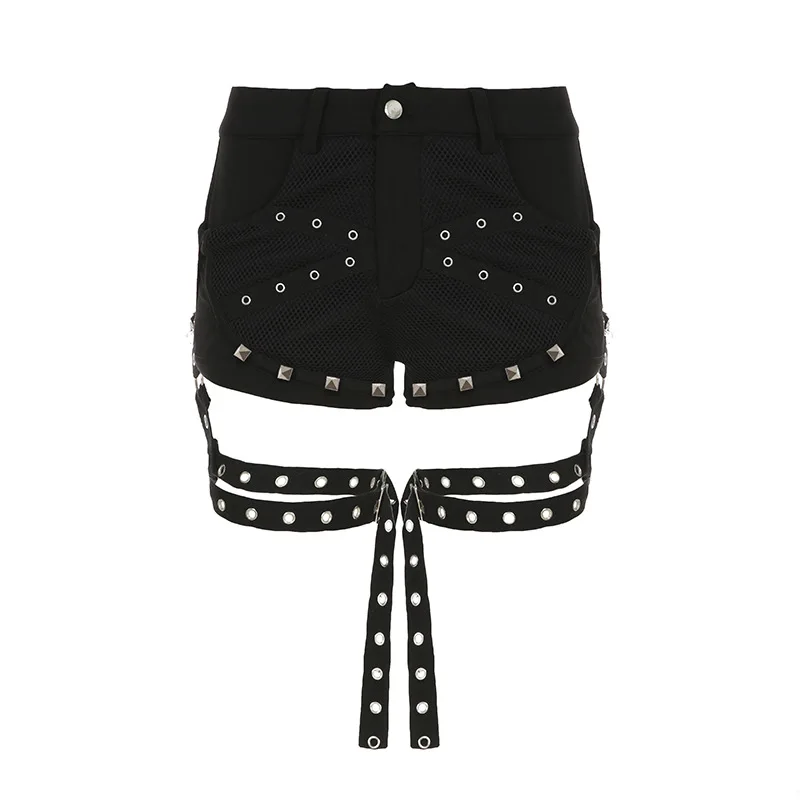 Dark Gothic Mesh Patchwork Sexy Low Rise Black Denim Shorts Women Tie Side Slim Fit Hot Pants