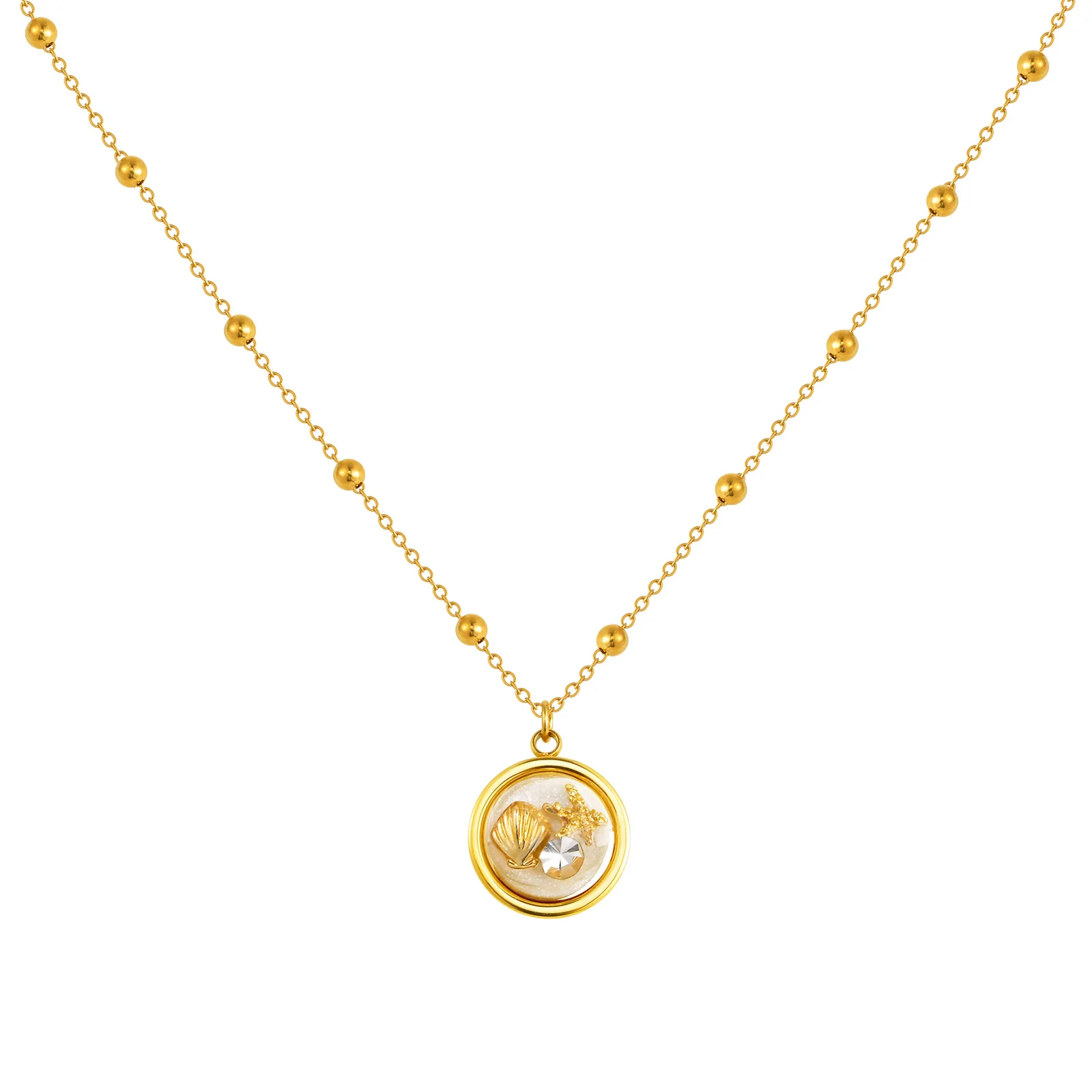 Women's Round Necklace with Shell Starfish Zircon,Marine Style Bead Chain Stainless Steel Necklaces,Gold Color Jewelry Gifts