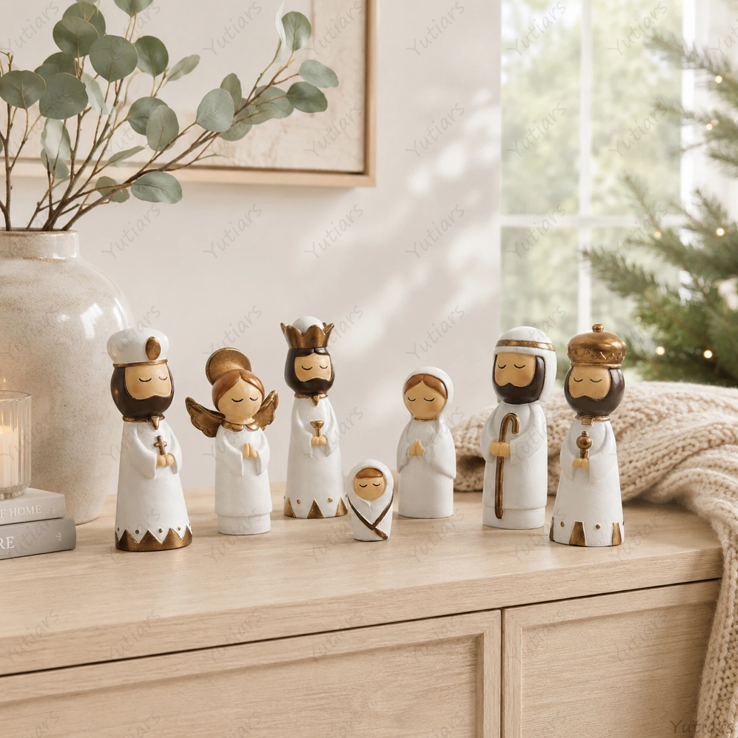 7PCS Christmas Nativity Figurine Set Handmade Ceramic Jesus Birth Scene Ornament Mary Joseph King Shepherd Home Decor Gift
