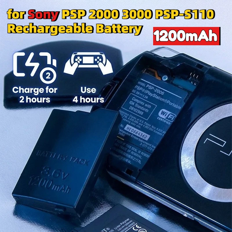 Batería de Litio Recargable de Repuesto de 3.6V y 1200mAh de Capacidad Real para Consola de Juegos Sony PSP 2000/3000 PSP-S110