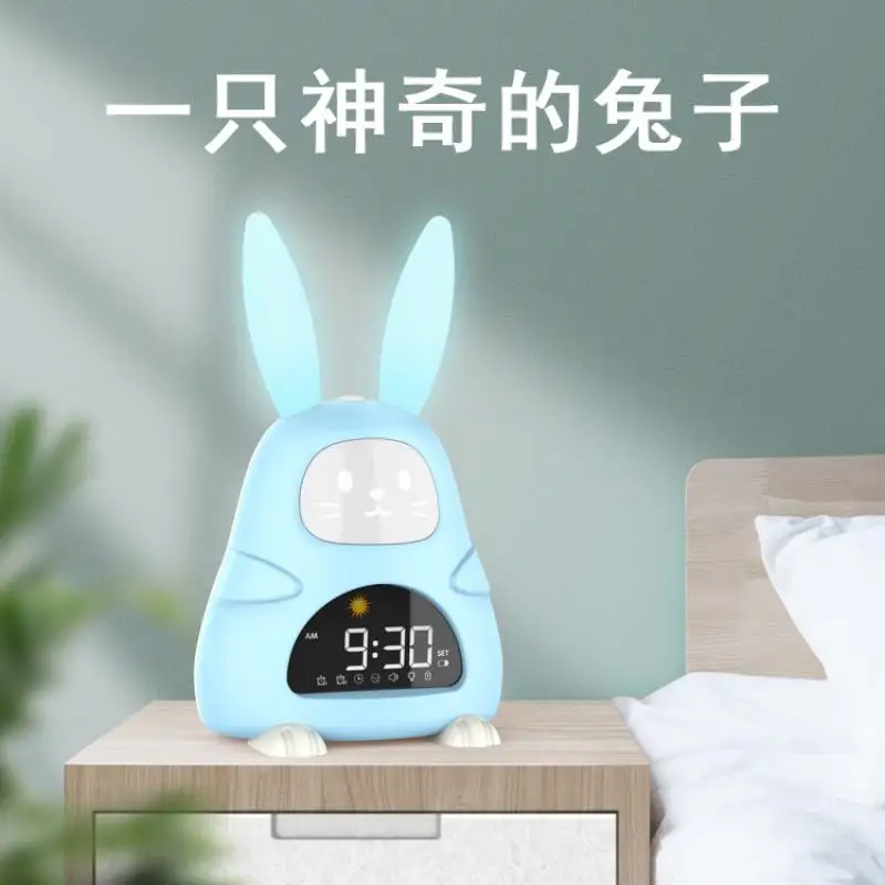 

Cartoon Rabbit Light Blue Desk Clock Colorful Night Light Children's Lcd Digital Electronic Charging Alarm Clock Digital Clock