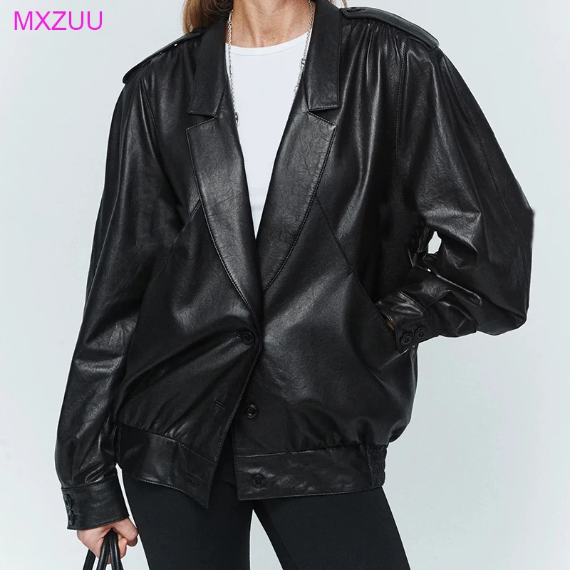Simple Fashion Versatile Leather Jacket Autumn Women Plant Tanned Sheepskin Light Soft Retro Large V-Lapel Loose Casaco Feminino