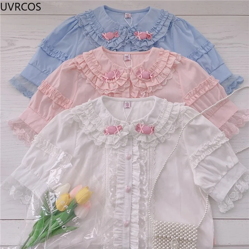 Japanese Lolita Style Blouse Women Kawaii Peter Pan Collar White Pink Blue Candy Blusas Girls Summer Lace Puff Sleeve Shirts Top