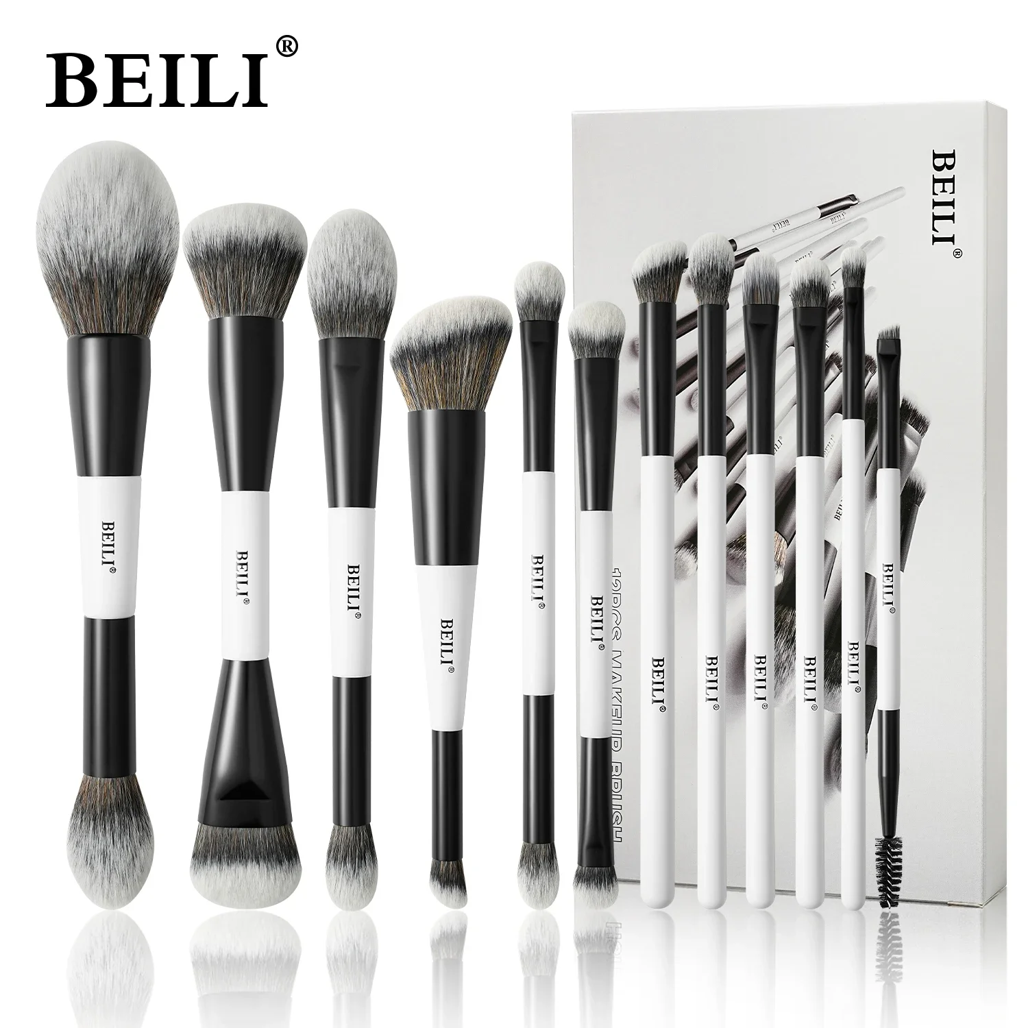 แปรงแต่งหน้า BEILI 12 ชิ้น 18 นิ้ว 12 หัวแปรงสองด้าน สำหรับคอนทัวร์ รองพื้น ไฮไลท์ บลัชออน อายแชโดว์ อายไลเนอร์ คอนซีลเลอร์