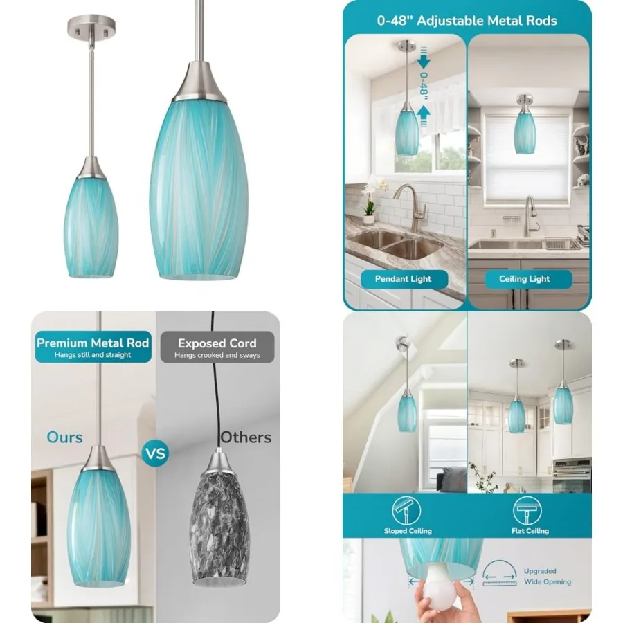 Pendant Lights Kitchen Island, Blue Handcrafted Art Glass, Blown Glass Pendant with 5.12" Dia x 11.40" H Shade,,Adjustable Brus