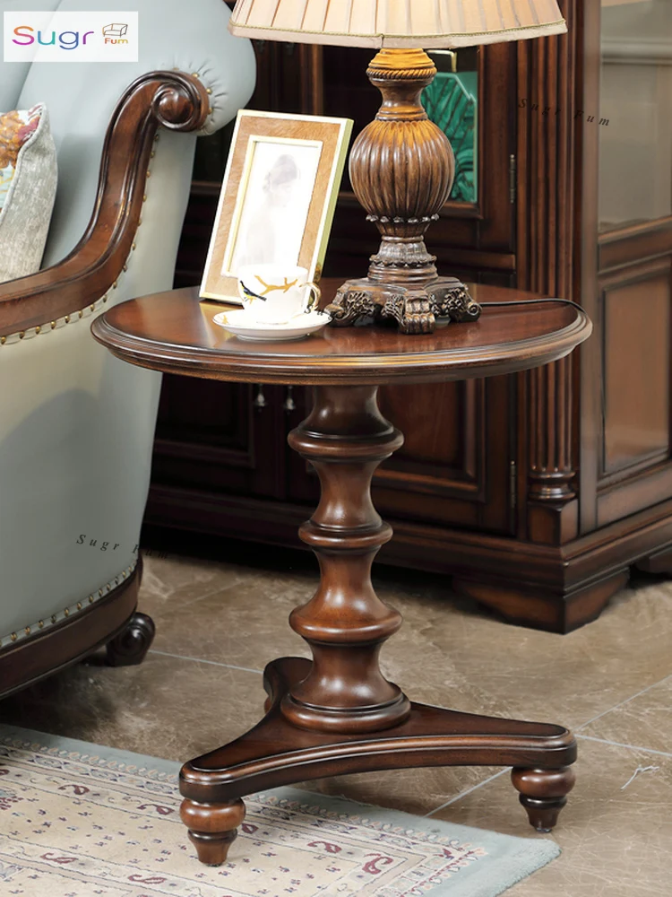 

American solid wood living room side sofa side cabinet corner small coffee table round leisure