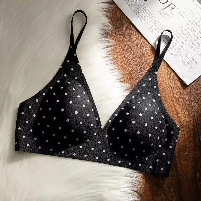 Polka Dot V-neck Underwear Thin Version Wire-free Comfortable Traceless Soft Support Push Up Women's Bra