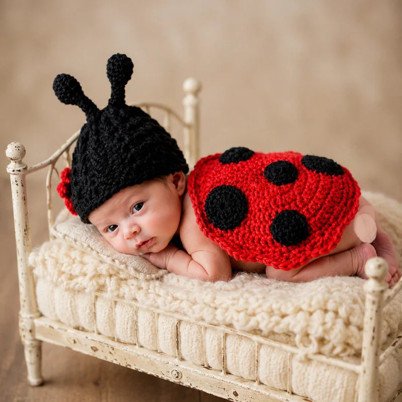 Cute Ladybug Newborn Photography Outfit 2Pcs Knitted Insect Costume Baby Photoshoot Props Gender Reveal Gift