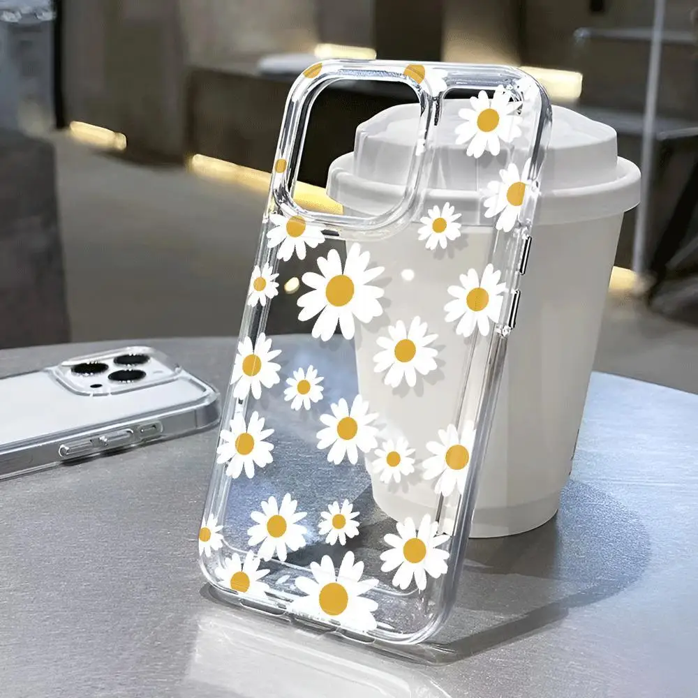 

New design Daisy pattern transparent phone case,suitable for iPhone 16, 16Pro, 16Pro Max, 16Plus to 11, 12, 13, 14, 15 series