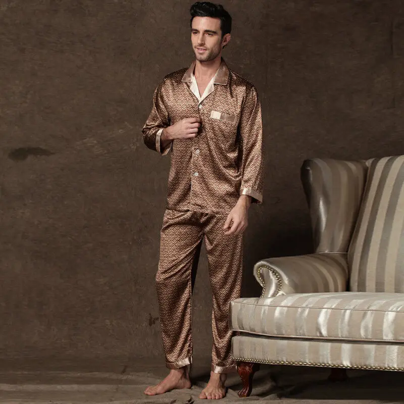 Men\'s Satin Pajama Home Clothes Suit Autumn Long Sleeve Button-Down Tops & Pants Sleepwear 2 Pieces Man Pyjama Loungewear Pj Set