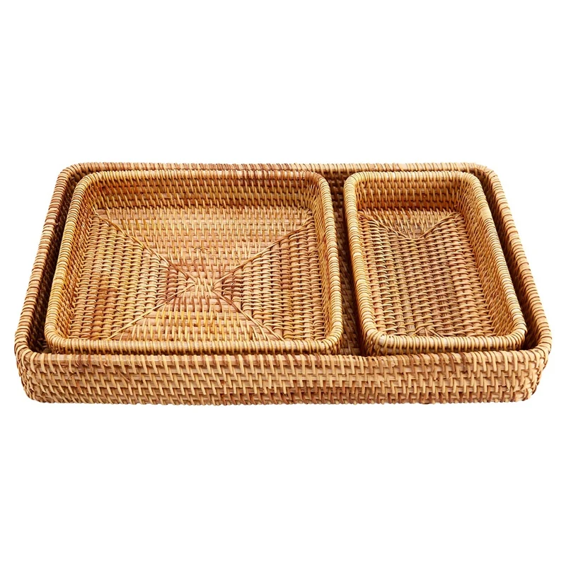 

Rattan Wicker Serving Tray Rectangular Decorative Organizer For Coffee Table Fruit Drinks Snack Bathroom Platter Kitchen