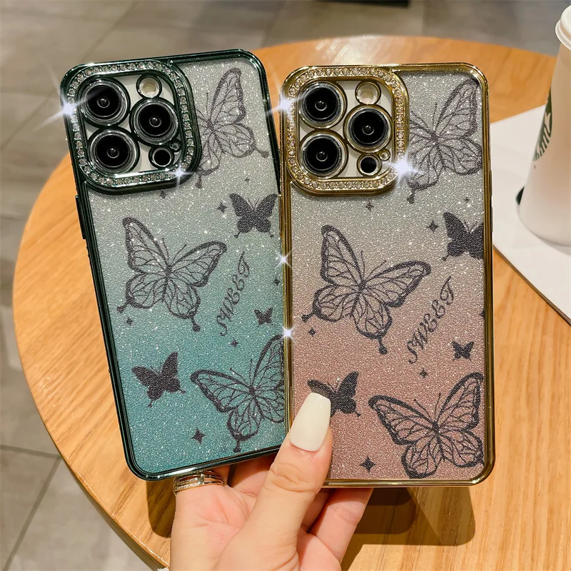 Gradient Color Butterfly Patterned Glitter Phone Case For iPhone 15 14 Plus 12 13 14 15 ProMax Plated Diamond Transparent Case