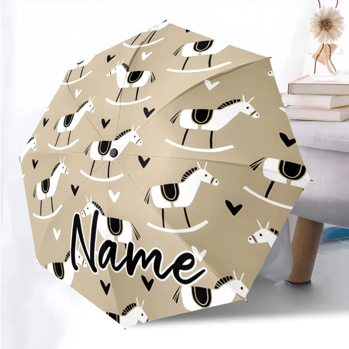 Custom Name Rocking Horse Patterned Umbrella for All Ages Print 8 Iron Ribs Folding Umbrella Auto-Open Fashion Sunshade