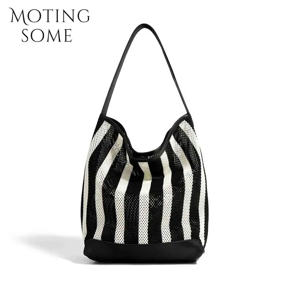 

Motingsome Fashionable Women Bucket Bags Luxury Cotton Fabric Handbaag and Purses Mesh Hollow Out Casual Tote Lady Pouch 2024