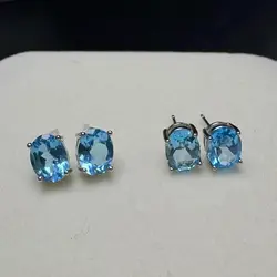 1 Pair Fengbaowu Natural Stone Blue Topaz Earring Ear Stud 6x8MM Oval Faceted Bead 925 Sterling Silver Fashion Jewelry Gift