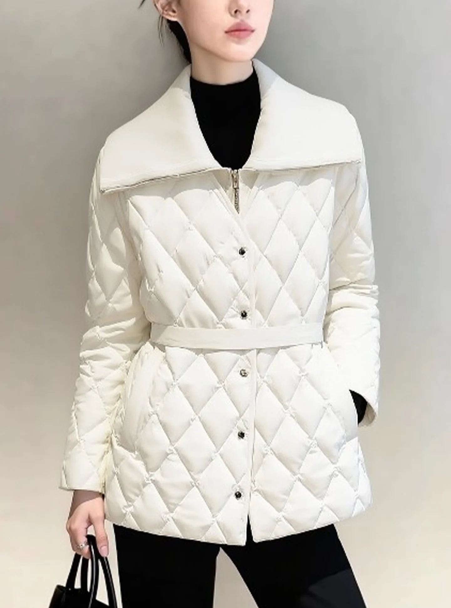 Sli White Diamond Pattern ort Women's down Jaet 2025 New Winter Thi Outerwear Ele Sle Regular Fit Long Sve