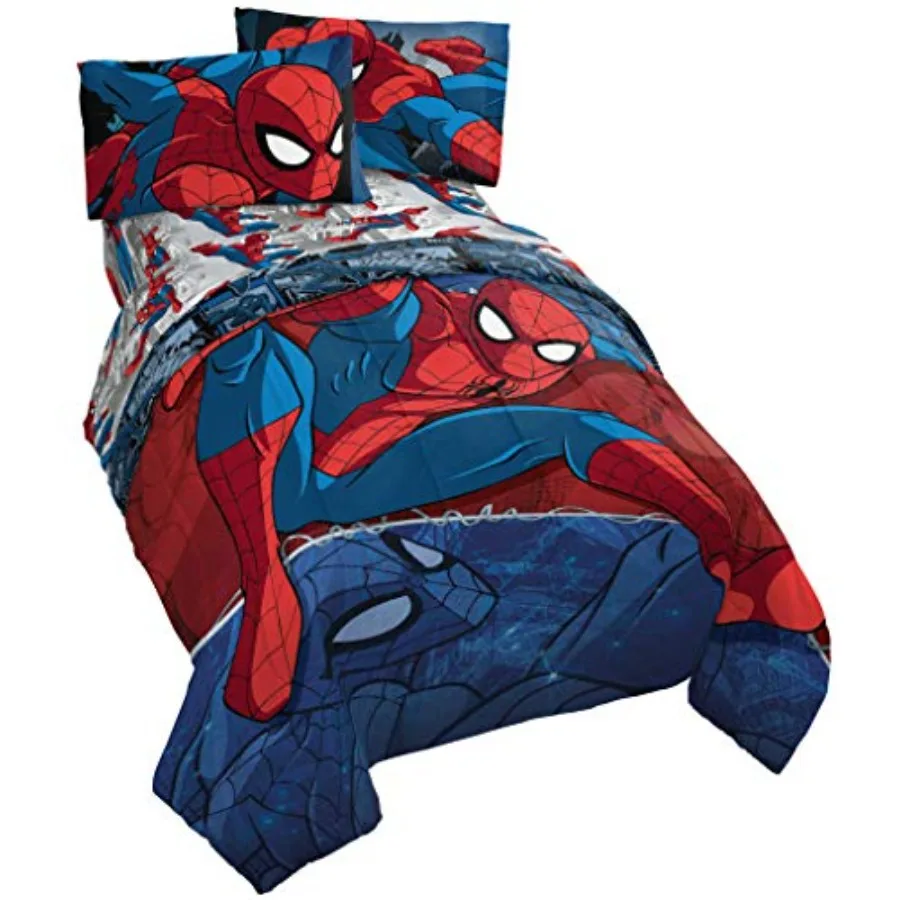 Juego de Cama Individual de 4 Piezas Marvel Spiderman Burst - Incluye Edredón Reversible y Juego de Sábanas - Ropa de Cama - Súper Suave y Resistente a la Decoloración