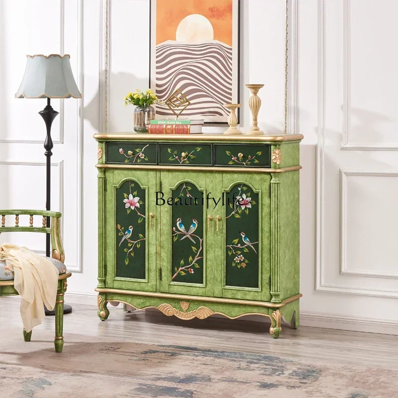 

ls 04French shoe cabinet three buckets three door cabinet green solid wood storage